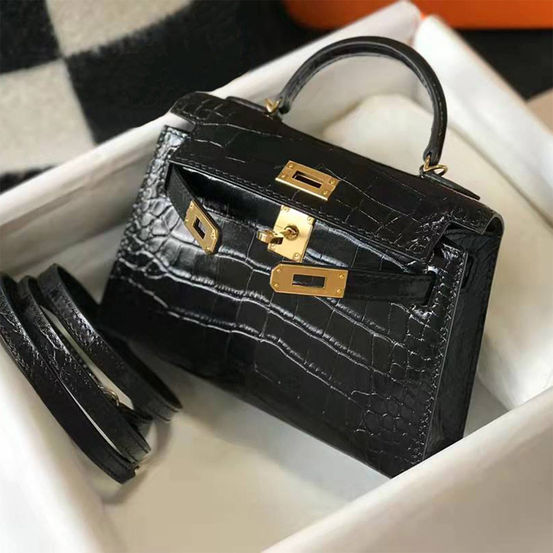Croc Embossed Leather Mini Top Handle Bag with Detachable Strap detail image 8