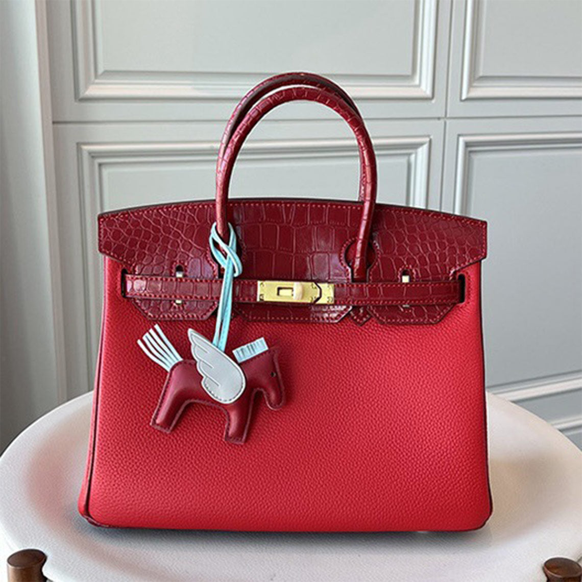 Top Grain Leather Croc Embossed Flap Top Handle Bag detail image 8