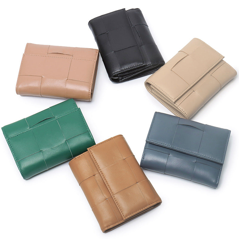 Woven Sheep Leather Trifold Wallet Short Card Holder product image 1