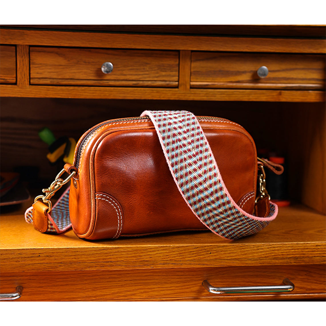 Handmade Full Grain Leather Webbing Strap – 5 cm Wide, Brass Clips, 3 Sizes detail image 7