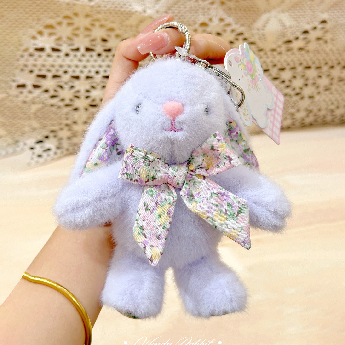 Bow Tie Baby Bunny Bag Charm – Soft Plush Keychain in Six Colors detail image 5