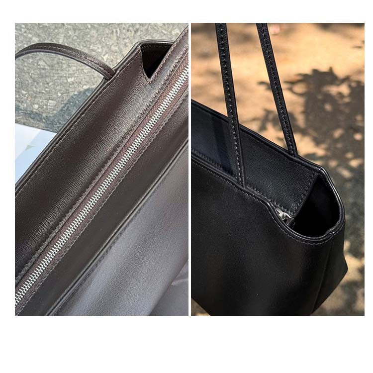 Minimalist Sheepskin Leather Shoulder Tote in Black and Dark Brown detail image 4