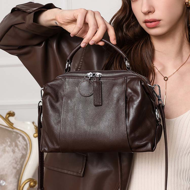 Vintage Cowhide Boston Bag | Leather Crossbody Satchel detail image 13
