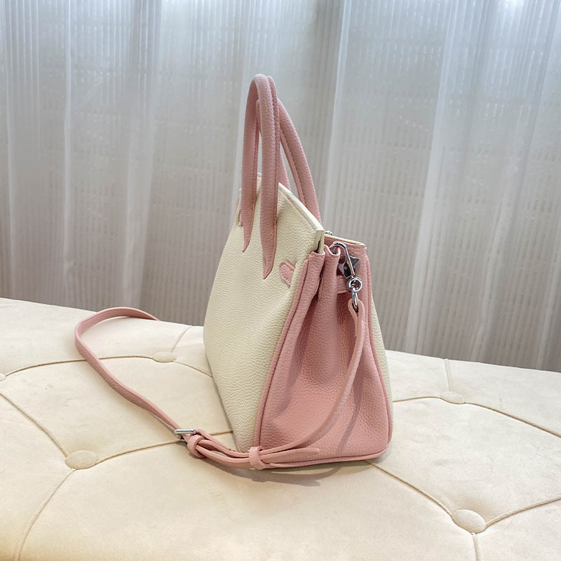 Bi-Color Top Handle Leather Bag in Mini and Small Sizes with Silver Hardware detail image 4