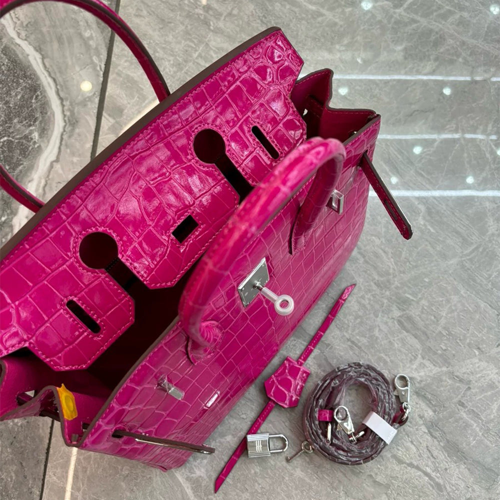 Crocodile Pattern Glossy Leather Handbag with Detachable Strap detail image 4