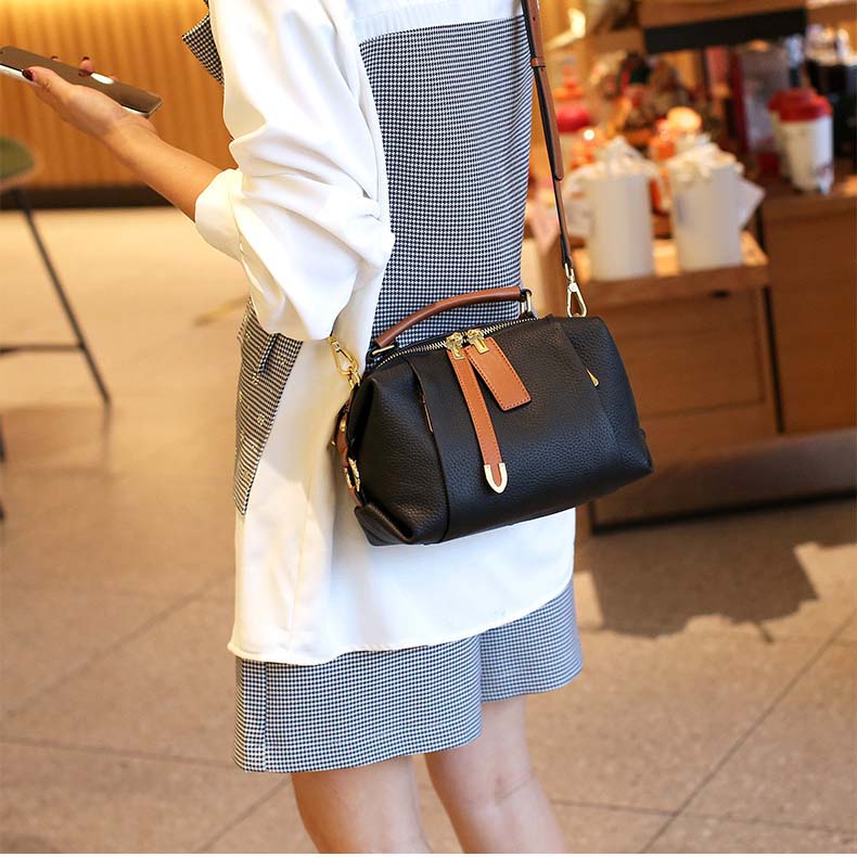 Pebbled Grain Leather Boston Bag | Cowhide Crossbody Satchel detail image 16