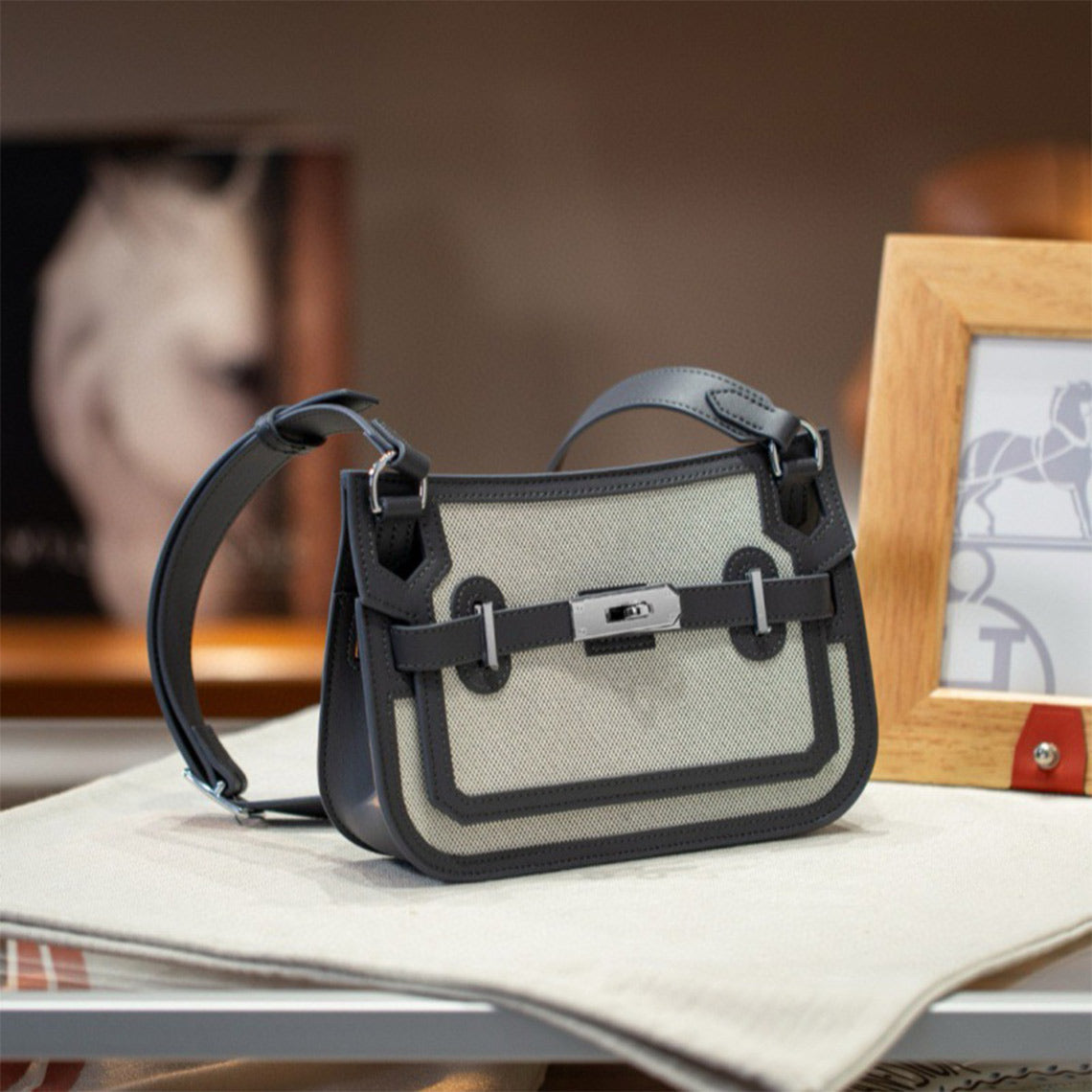 Canvas and Leather Mini Messenger Crossbody Bag in Black, Rouge, Deep Grey, Brown detail image 9