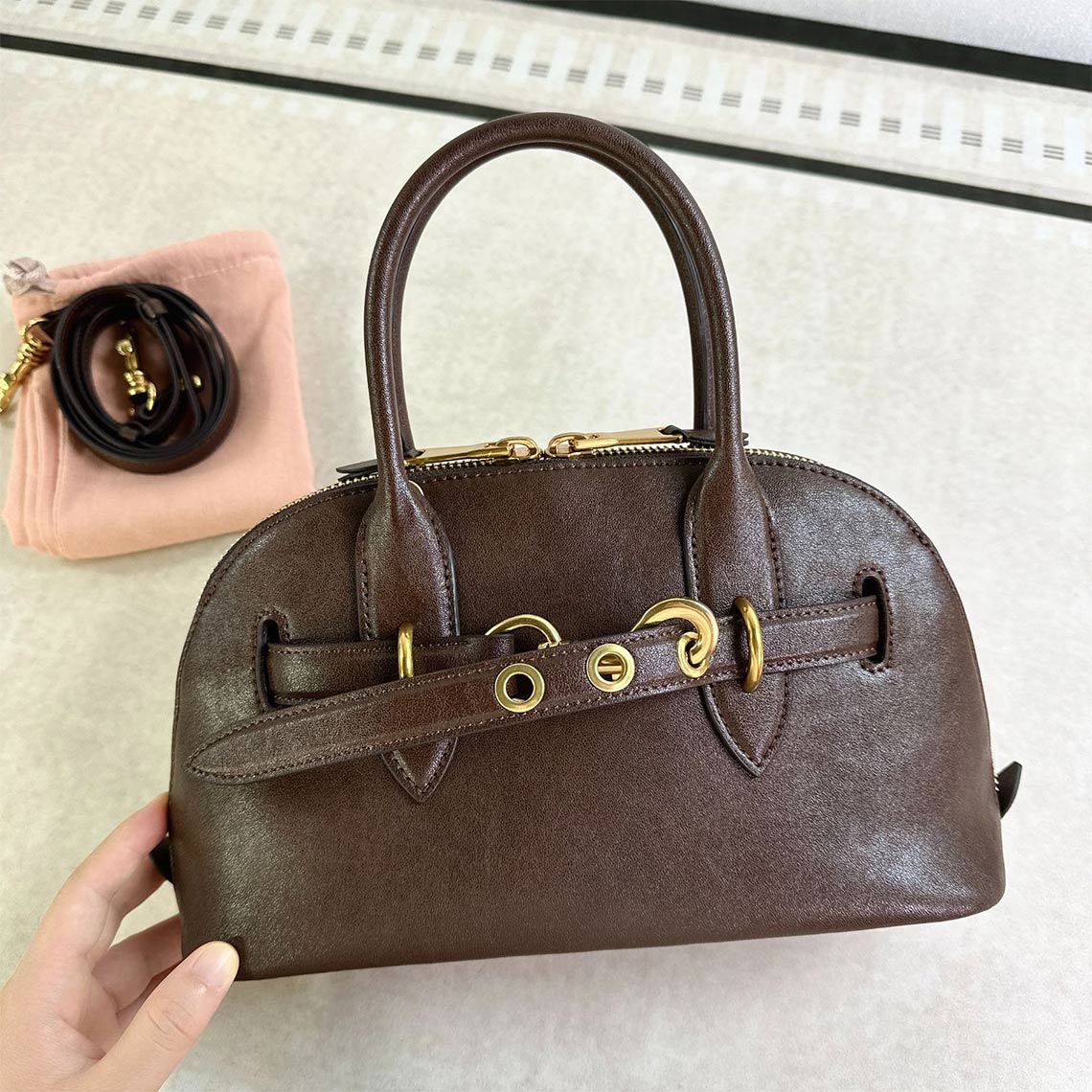 Leather Retro Bowling Top Handle Bag in Black, Saddle Brown, Coffee Brown detail image 3