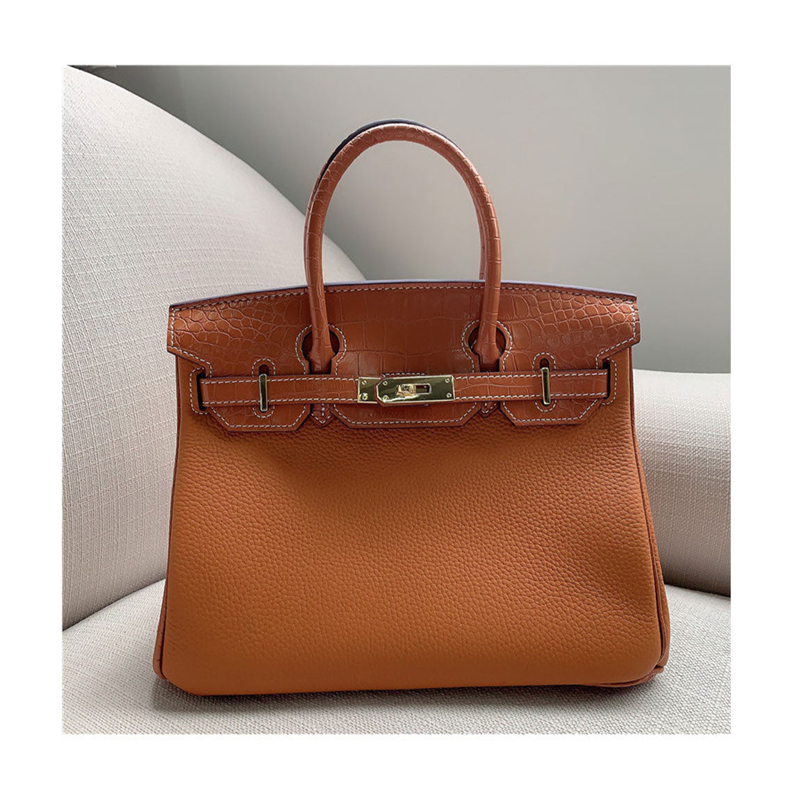 Top Grain Leather Croc Embossed Flap Top Handle Bag detail image 12