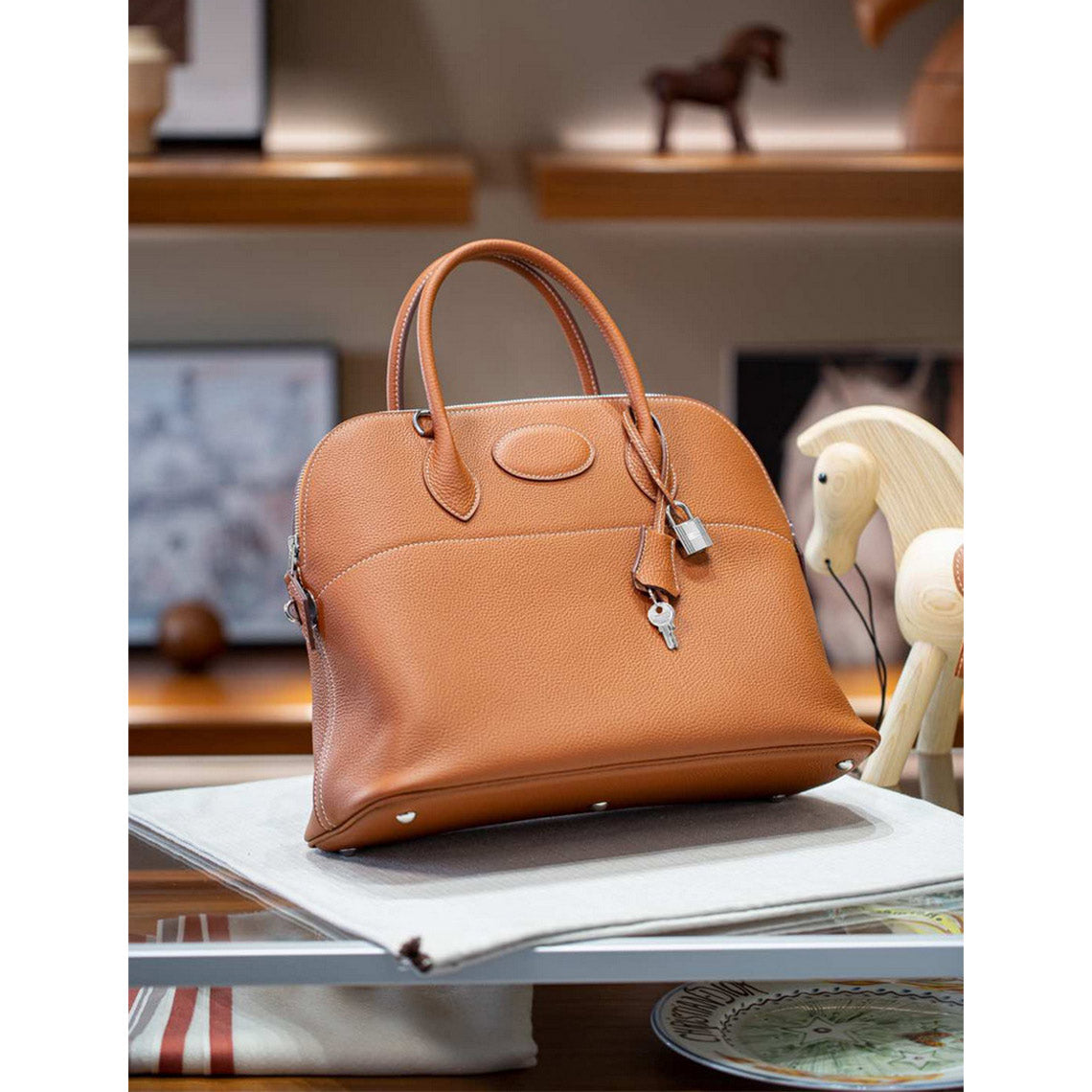Top Grain Leather Boli Handbag in Blue, Black, Taupe, Gold Brown detail image 12