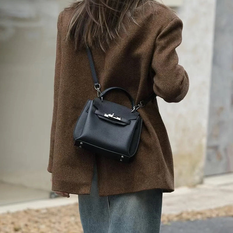 Minimalist Top Grain Leather Shoulder Bag with Silver Hardware detail image 1