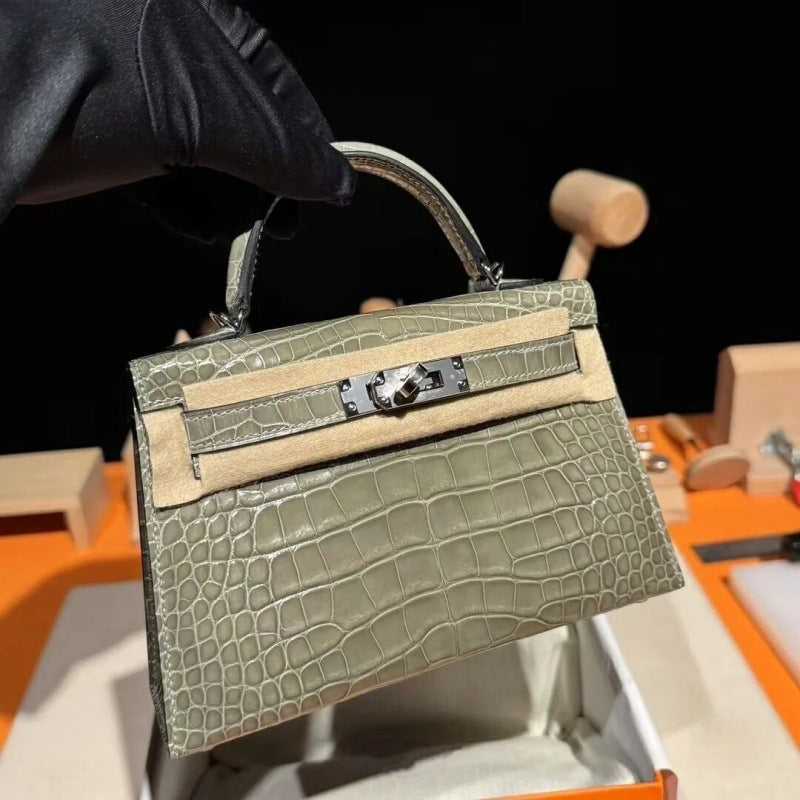 Crocodile Embossed Top Grain Leather Handbag with Silver Hardware detail image 1