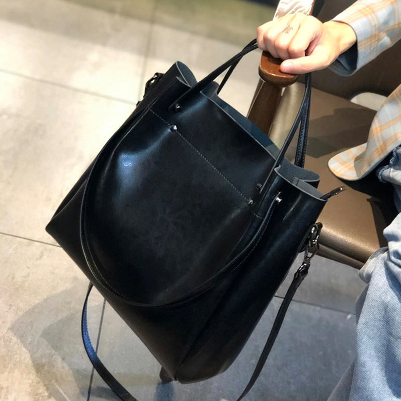 Oil Wax Leather Bucket Bag - Genuine Leather Tote Crossbody Bag product image 1