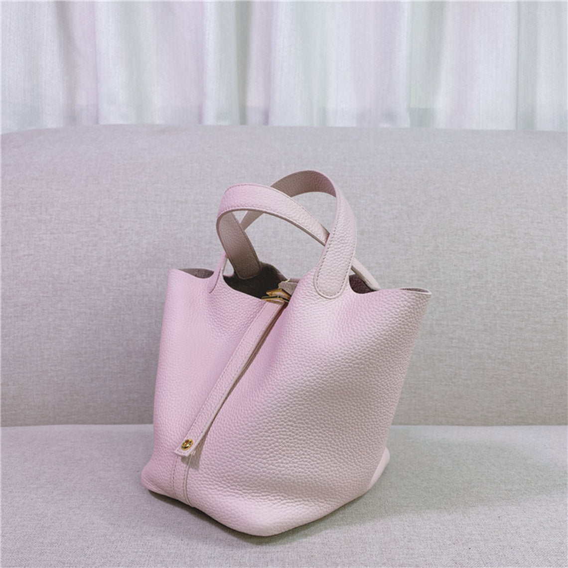 Top Grain Leather Bucket Bag with Lock Design - Small, Multiple Colors & Hardware Options detail image 17