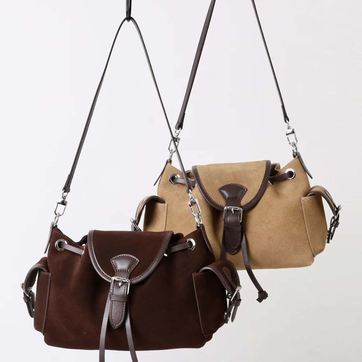 Suede Multi-Pocket Crossbody Bag with Drawstring & Buckle Closure product image 1