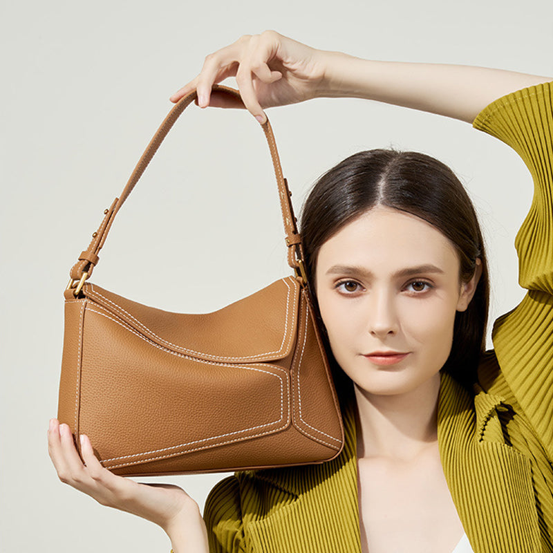 Top Grain Leather Geometric Panel Bag with Detachable Straps detail image 3