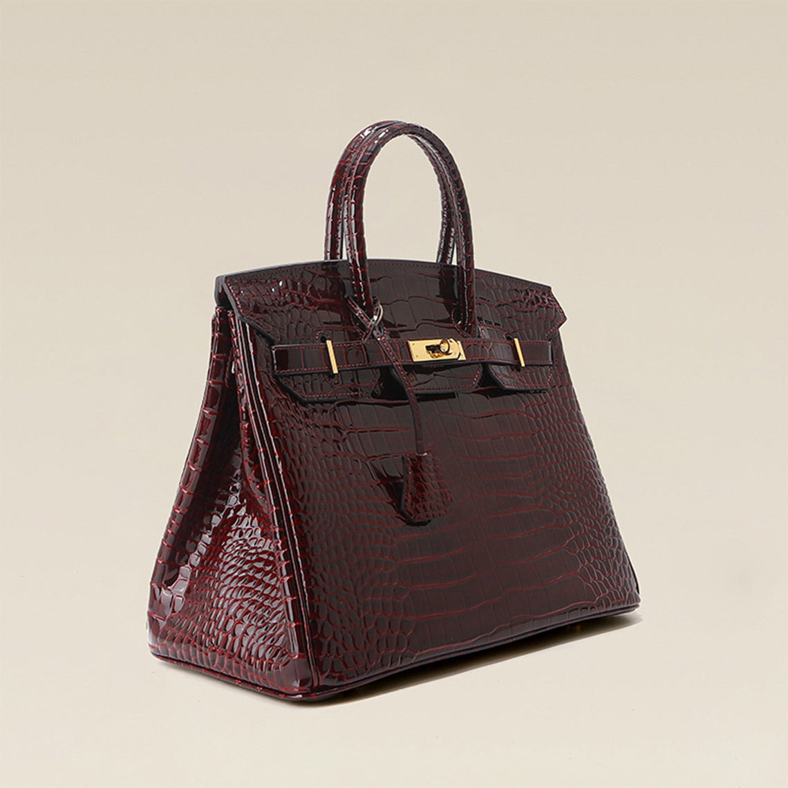 Crocodile Embossed Leather Handbag – Black and Rouge detail image 3