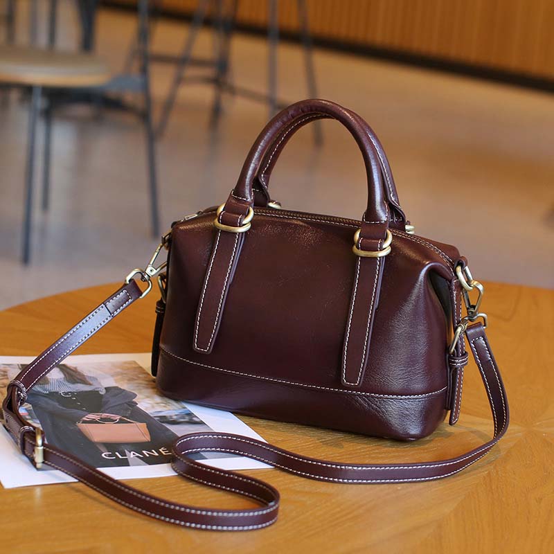 Vegetable-tanned Leather Boston Bag | Cowhide Crossbody Handbag detail image 9