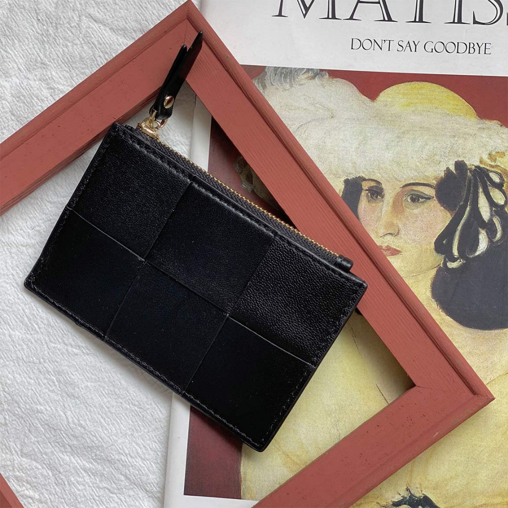 Handmade Woven Sheep Leather Slim Wallet with 4 Card Slots and Zipper Pocket detail image 6