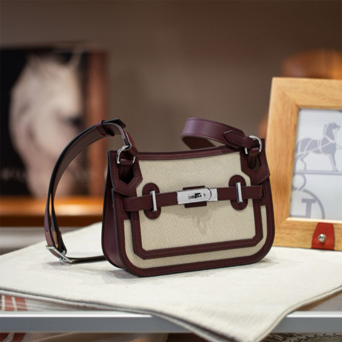 Canvas and Leather Mini Messenger Crossbody Bag in Black, Rouge, Deep Grey, Brown detail image 7