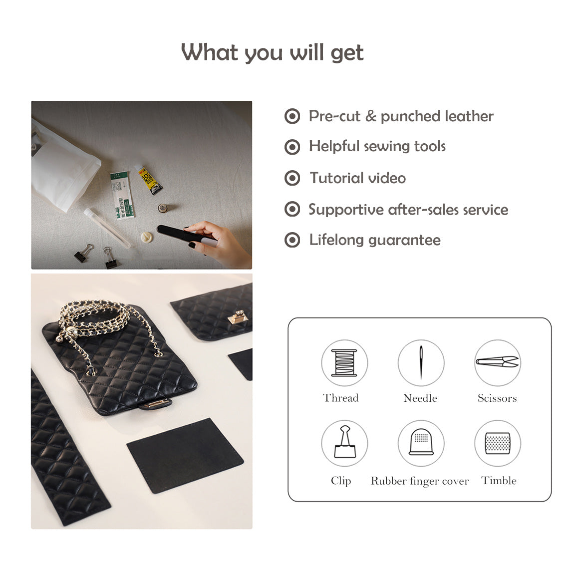 Top Grain Leather Quilted Chain Bag DIY Kit – Creamy White or Black detail image 4