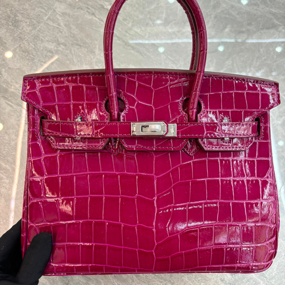 Crocodile Pattern Glossy Leather Handbag with Detachable Strap detail image 6